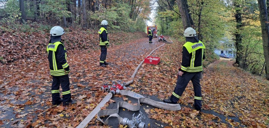 Feuerwehrleute mit Wasserschlauchstrecke