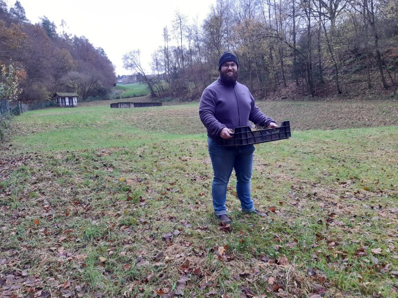 Pascal Höpner von der SNU mit den Pflanzen des Großen Wiesenknopf.