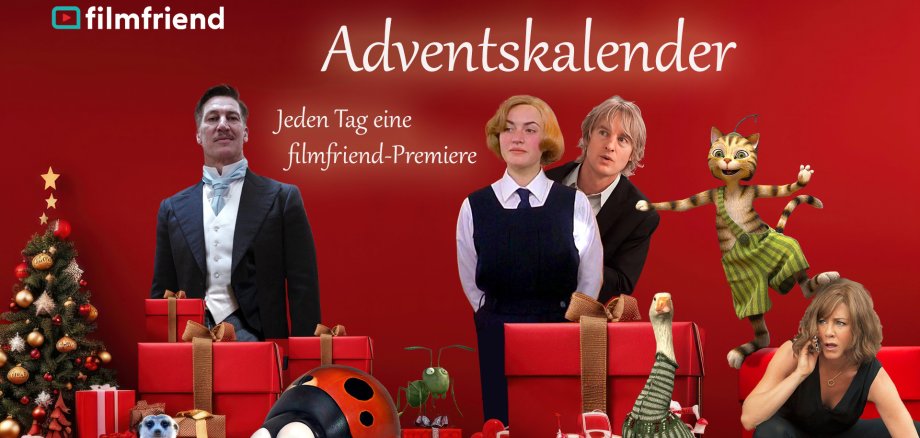 Der Veranstaltungshinweis zum Adventskalender von filmfriend mit Geschenken und verschiedenen Filmstars.