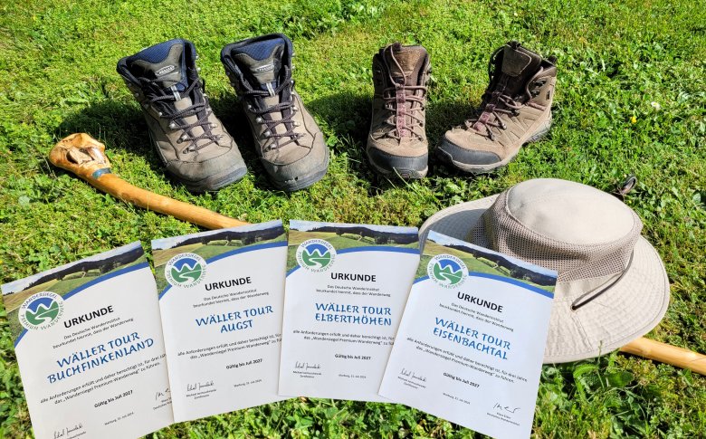 Das Bild zeigt vier Zertifikate für erfolgreiche Wanderungen ("Wäller Tour Buchfinkenland", "Wäller Tour Augst", "Wäller Tour Elberthöhen", "Wäller Tour Eisenbachtal") auf grünem Rasen, zusammen mit zwei Paar Wanderschuhen, einem Wanderstock und einem beigefarbenen Sonnenhut. Die Szene symbolisiert die Erfolge und Ausrüstungen eines Wanderers.