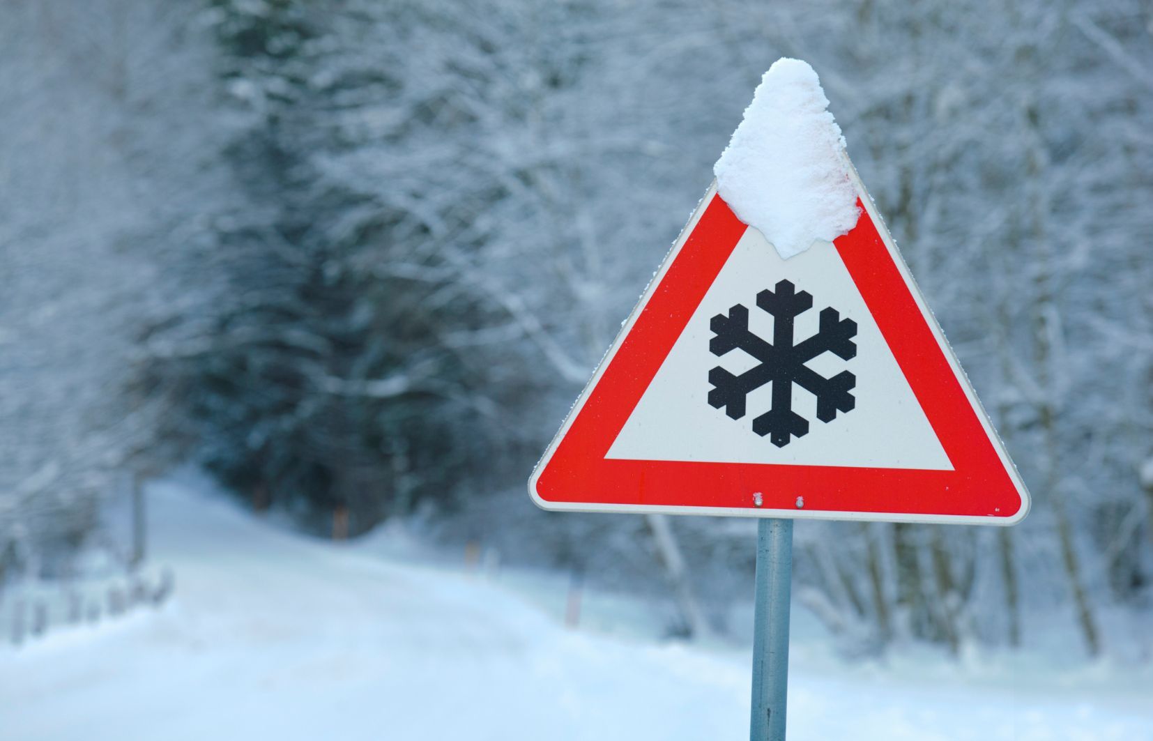 Ein Warnschild "Schnee" in einer Winterlandschaft.