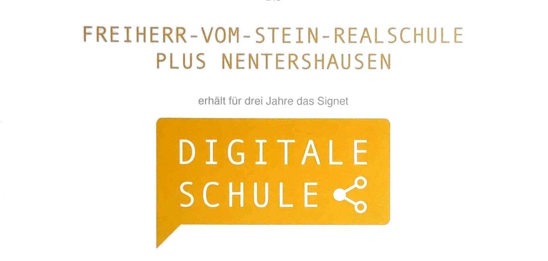 Eine Urkunde mit dem Titel "Ehrung 2024" zeigt, dass die Freiherr-vom-Stein-Realschule Plus Nentershausen das Signet Digitale Schule für drei Jahre erhalten hat. Unter den Logos der Sponsoren (u.a. Wissensfabrik, Zoom, Fraunhofer, SAP) befinden sich die Unterschriften der Verantwortlichen, darunter Prof. Dr. Christoph Meinel und Aylin Aslaner. Die Verleihung fand am 23. September 2024 in Mainz statt.