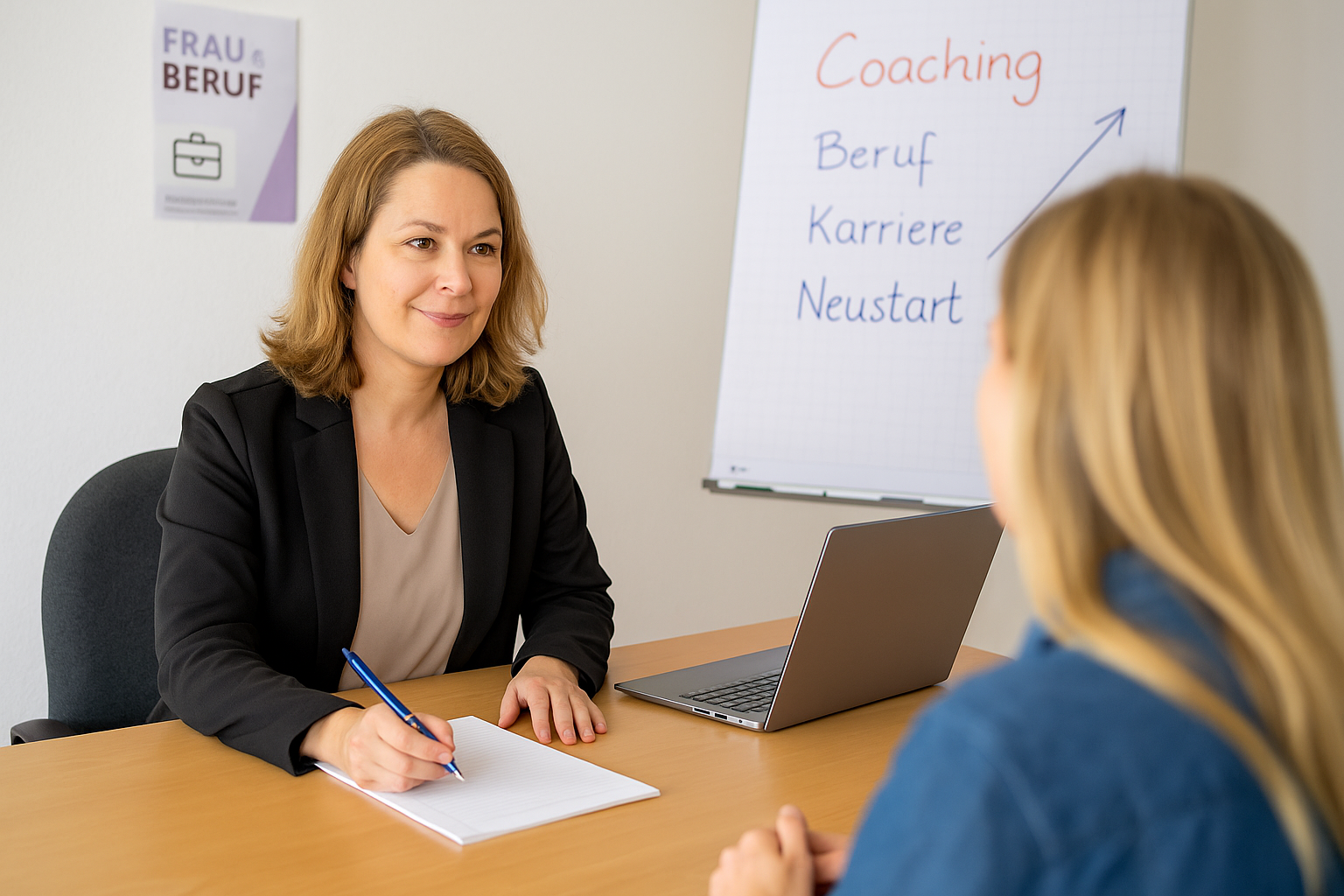 Zwei Frauen sitzen an einem Schreibtisch und führen ein Beratungsgespräch. Vor ihnen liegen Unterlagen und ein Laptop, im Hintergrund ein helles Büro.