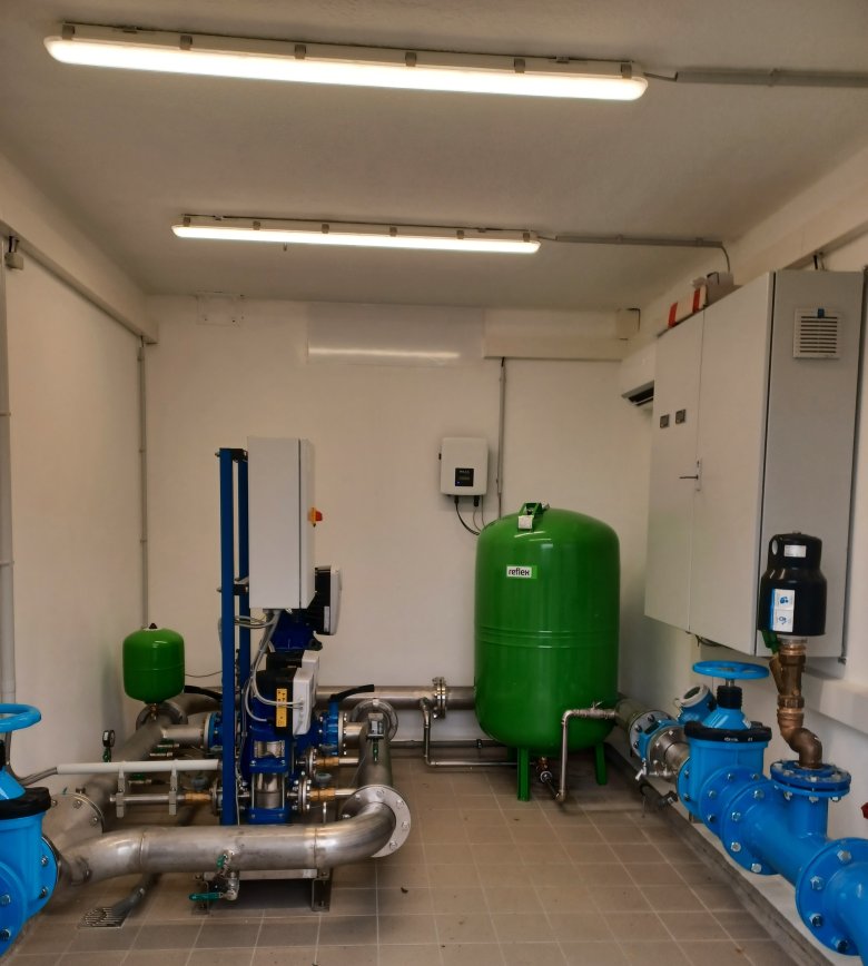 Der Innenraum einer Pumpstation mit moderner technischer Ausstattung. Sichtbar sind blaue und grüne Druckbehälter, silberne Rohrleitungen und Steuergeräte an den Wänden. Der Raum wirkt sauber und gut organisiert, mit klar strukturierten Anlagen zur Wasser- oder Druckregelung.