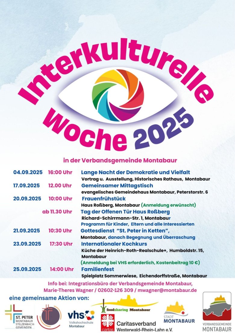 Flyer zur Interkulturellen Woche 2025 in der Verbandsgemeinde Montabaur mit Veranstaltungsübersicht und Logos der beteiligten Akteure.