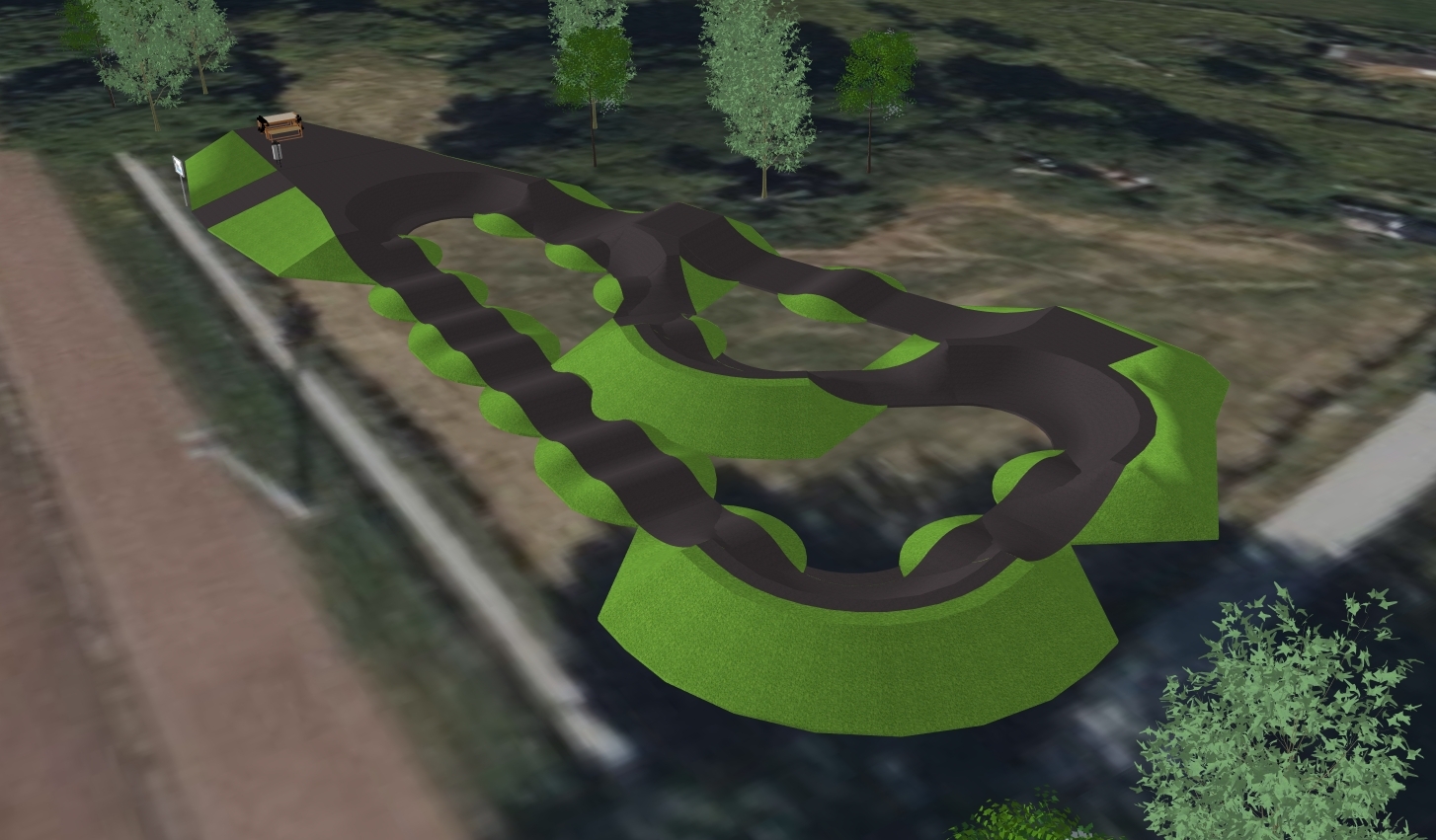 3D-Visualisierung einer geplanten Pumptrack-Anlage mit geschwungenen, asphaltierten Fahrbahnen und begrünten Erhebungen, eingebettet in eine natürliche Umgebung mit Bäumen. Die Strecke zeigt mehrere Wellen, Kurven und Sprünge, ideal für BMX-, Skate- oder Laufräder. 
