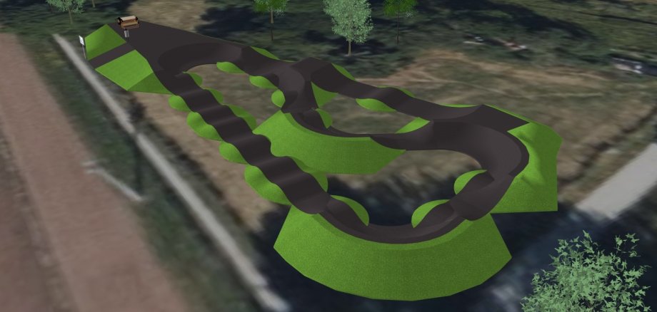 3D-Visualisierung einer geplanten Pumptrack-Anlage mit geschwungenen, asphaltierten Fahrbahnen und begrünten Erhebungen, eingebettet in eine natürliche Umgebung mit Bäumen. Die Strecke zeigt mehrere Wellen, Kurven und Sprünge, ideal für BMX-, Skate- oder Laufräder. 