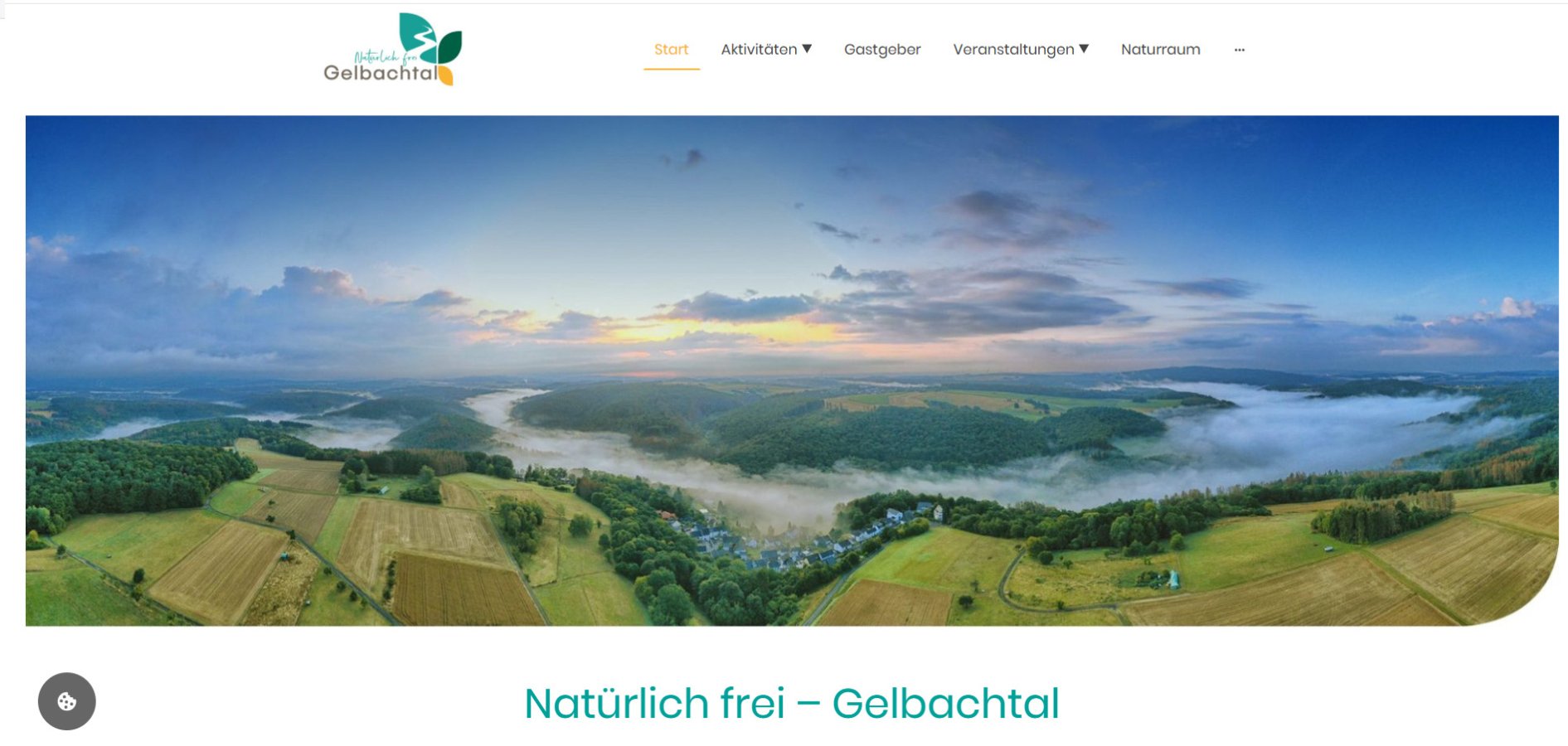 Startseite der neuen Website gelbachtal.info mit einem Panorama-Bild des Gelbachtals bei Sonnenaufgang.  