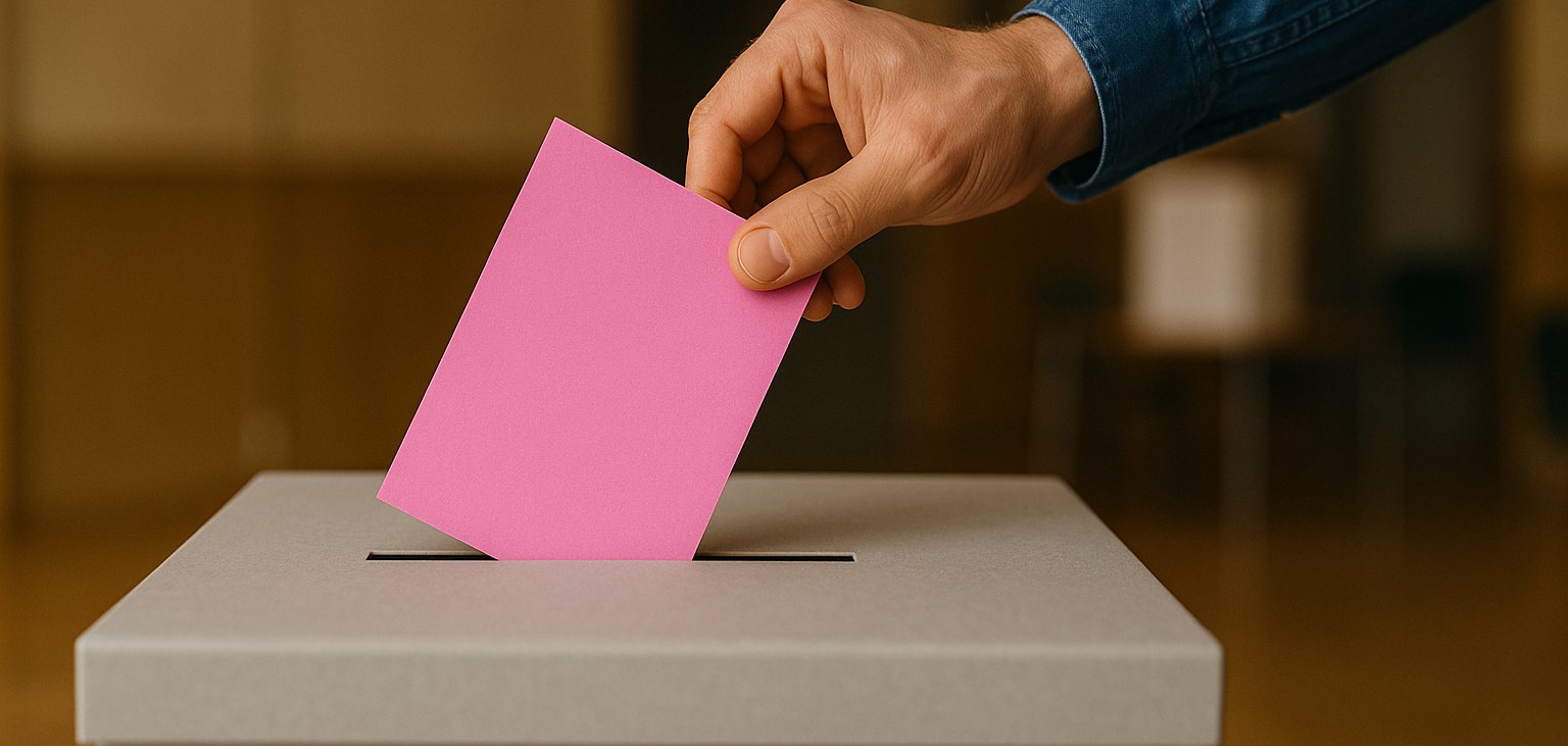 Eine Hand in einem blauen Hemd steckt einen pinken Wahlzettel in eine Wahlurne aus grauem Kunststoff. Die Szene spielt sich in einem Wahllokal mit verschwommenem Hintergrund ab und symbolisiert den Akt der Stimmabgabe.