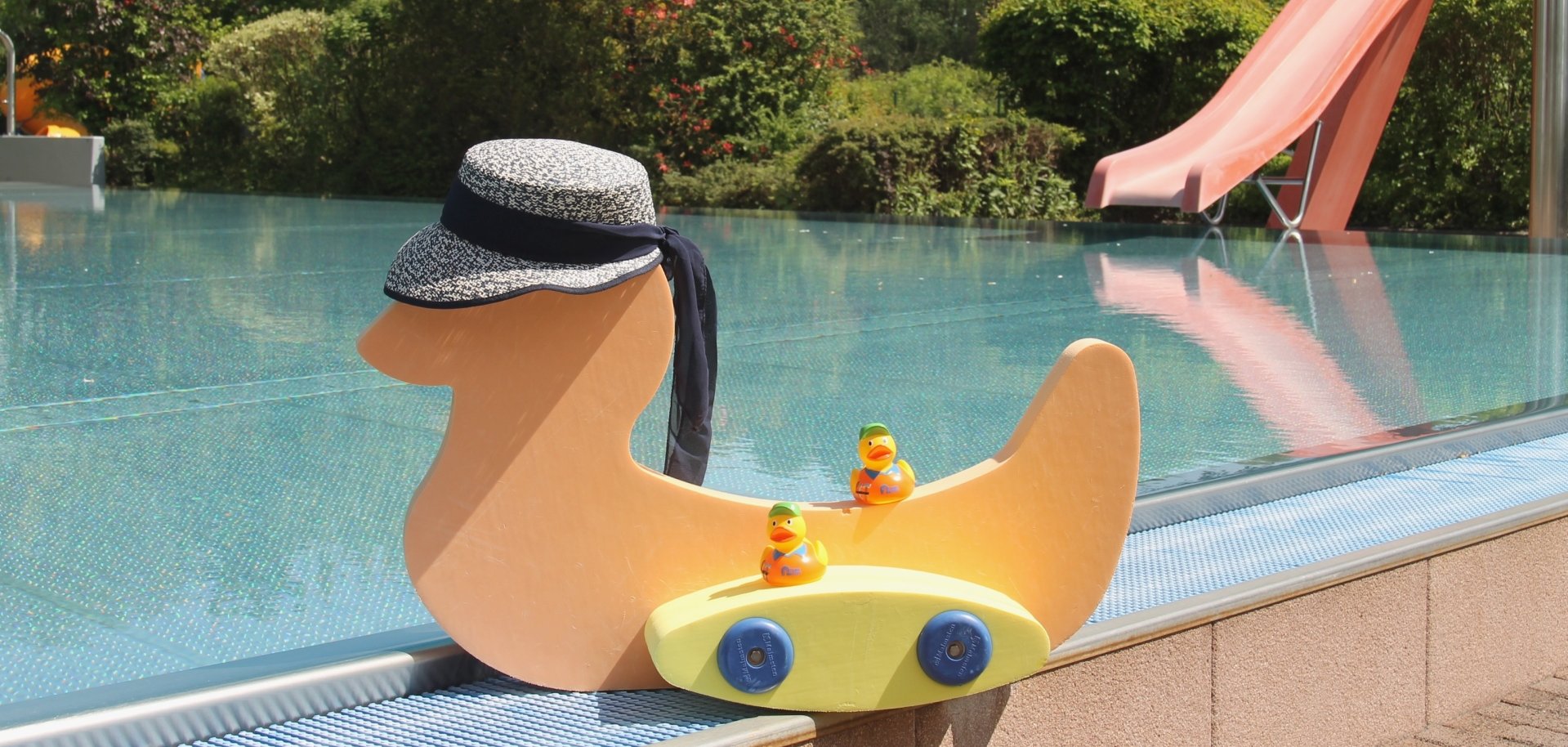 Bade-Enten stehen am Beckenrand vom Mons-Tabor-Bad.