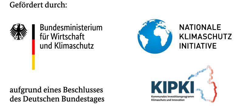 Grafik mit vier Logos und Texten zur Projektförderung im Bereich Klimaschutz. Oben links das Logo des Bundesministeriums für Wirtschaft und Klimaschutz mit Bundesadler und Deutschlandfarben, darunter der Hinweis „aufgrund eines Beschlusses des Deutschen Bundestages“. Oben rechts das Logo der Nationalen Klimaschutzinitiative mit Weltkugel, unten rechts das KIPKI-Logo mit dem Umriss von Rheinland-Pfalz und dem Schriftzug „Kommunales Investitionsprogramm Klimaschutz und Innovation“.