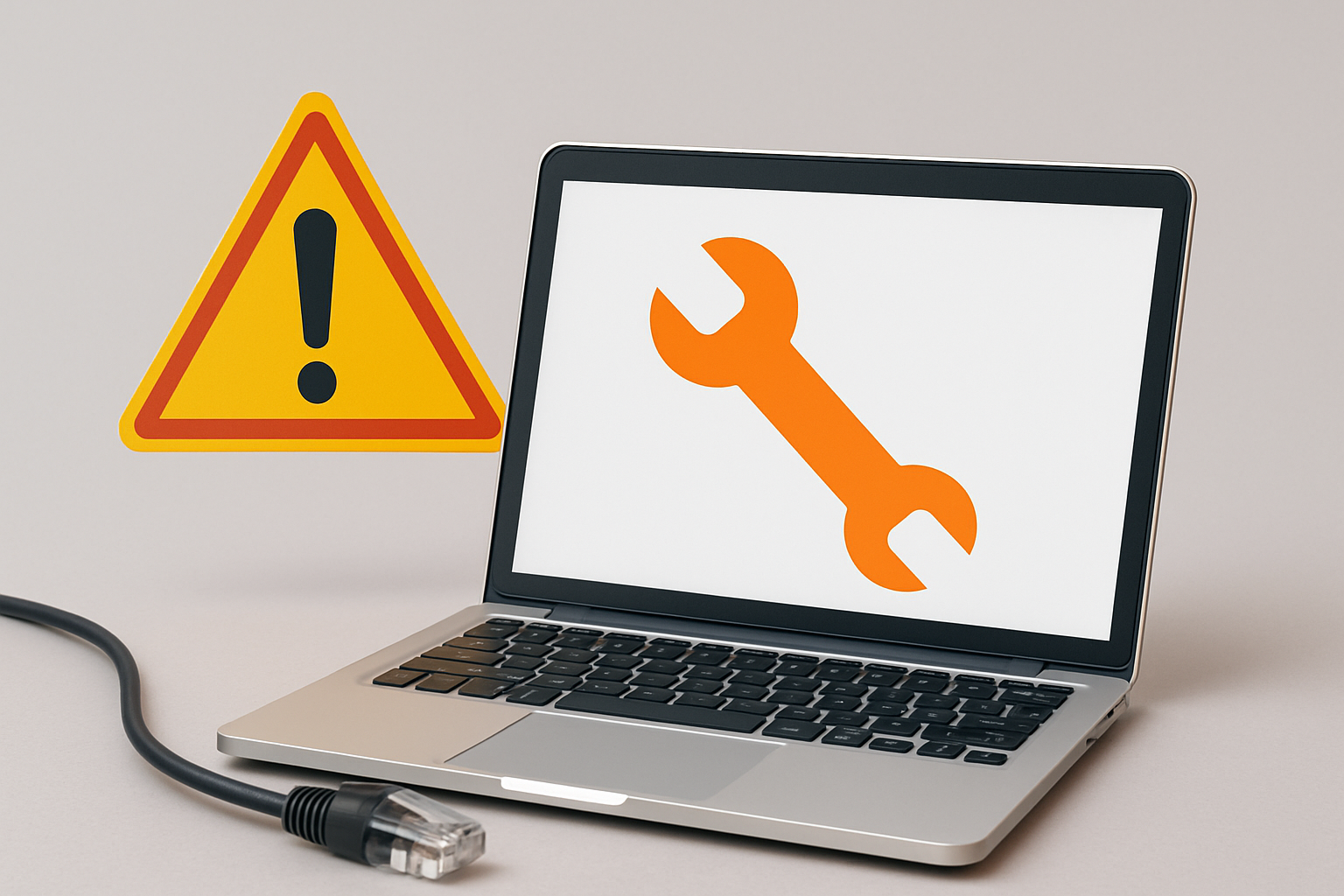 Ein Laptop mit einem Schraubenschlüsselsymbol auf dem Display.