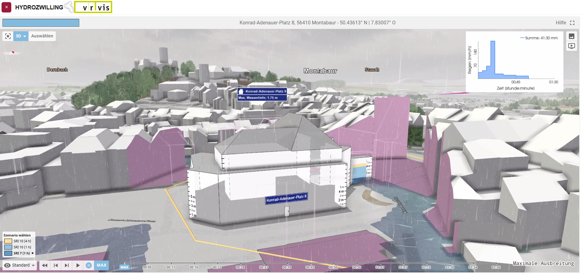 Das Bild zeigt, die Simulation im Hydrozwilling für das VG-Rathaus in Montabaur.