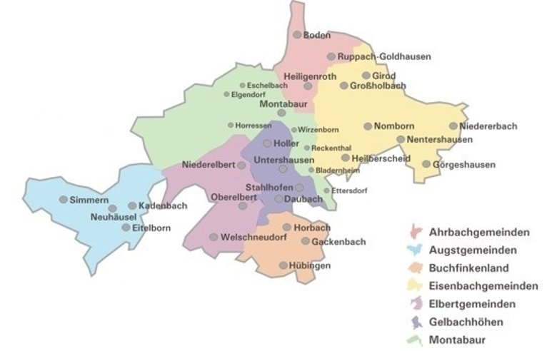 Eine Karte der VG Montabaur mit der Übersicht "Leitungsauskünfte für Wasser, Abwasser und Straßenbeleuchtung"